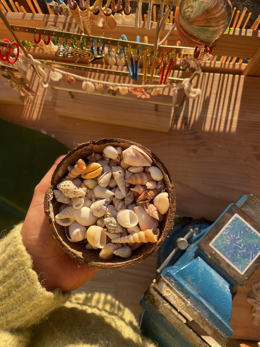 A coconut shell bowl full of tiny shells, held up in front of the market stall